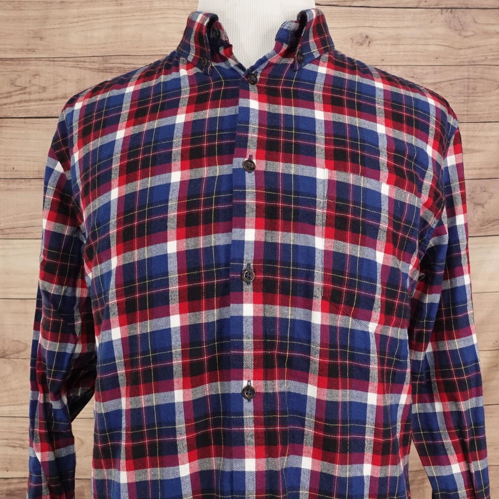 Ben Sherman Shirt Mens XL Red Blue Plaid Long Sleeve Button-Up Flannel Cotton